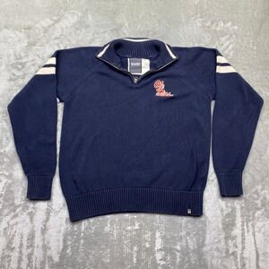 VTG Bruzer Ole Miss Rebels Quarter Zip Sweater Navy Blue Cream Stripes‎ Sz M